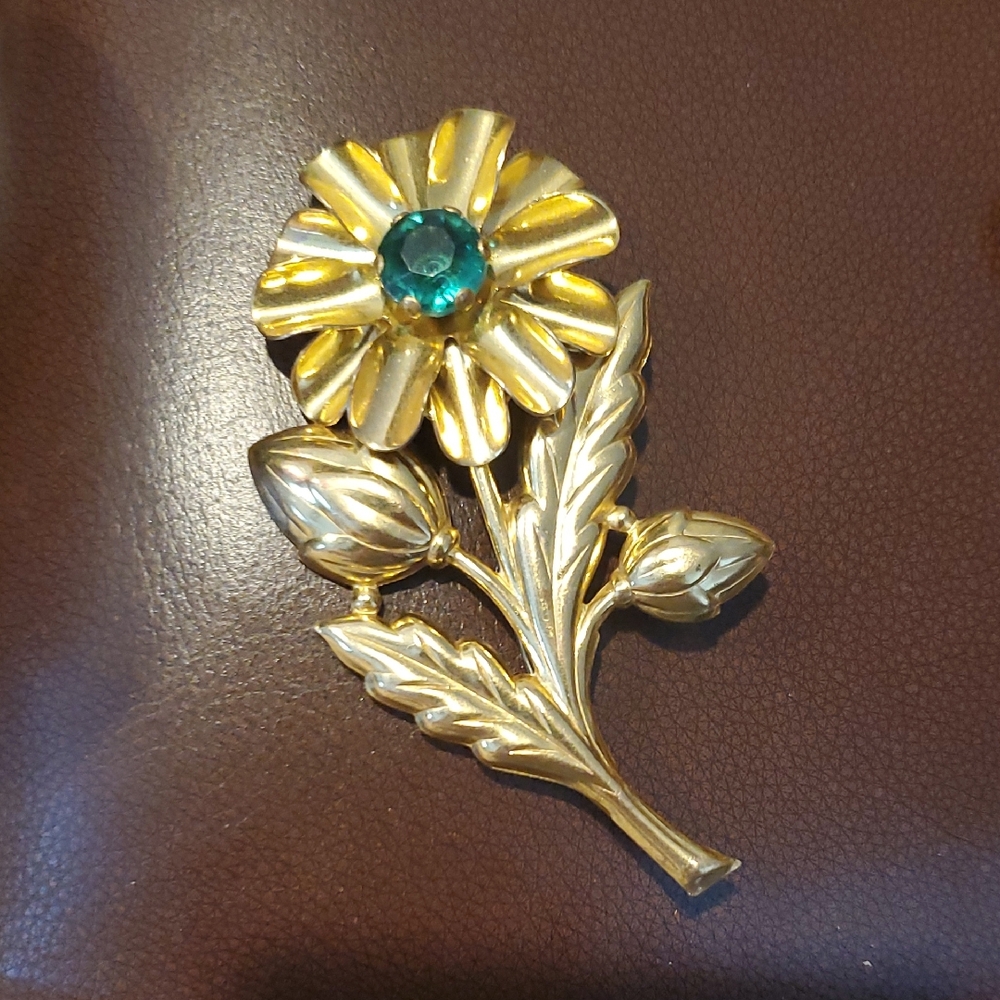 Gold Flower Brooch with Teal Rhinestone Center